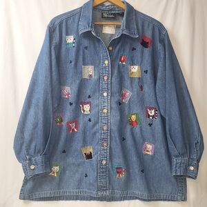 Silver‎ Threads Embroidered Cats Paw Prints Women's Size 2X Denim Colorful